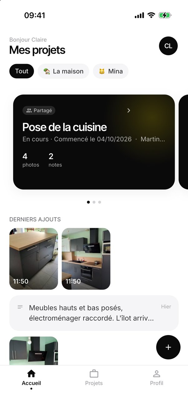 Côté client : son accueil, ses carnets et ses projets en cours, puis la notification et la nouvelle note