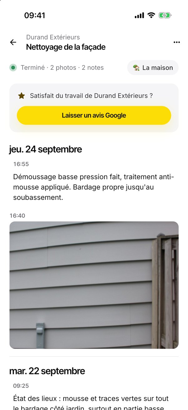 Le nettoyage de façade terminé, vu par le client, avec le bouton « Laisser un avis Google »