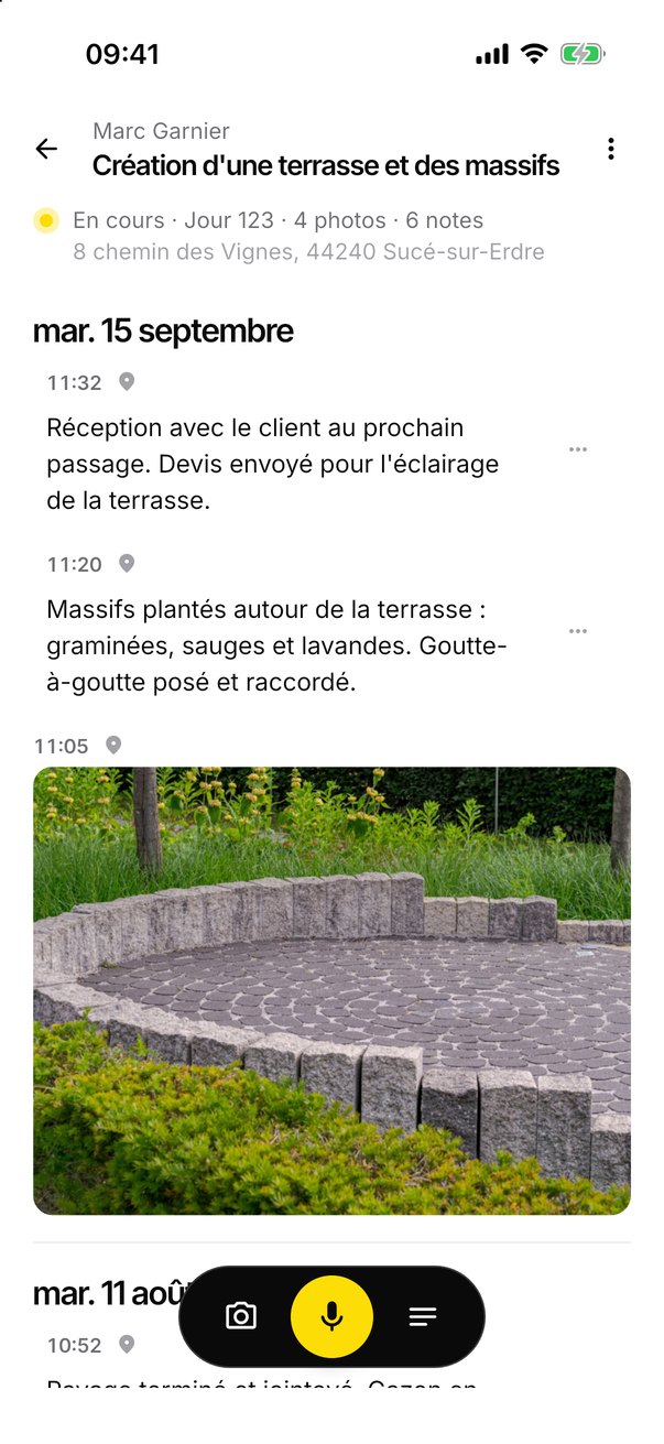Le journal d'un paysagiste sur la création d'une terrasse : chaque passage, ses notes et ses photos, datés