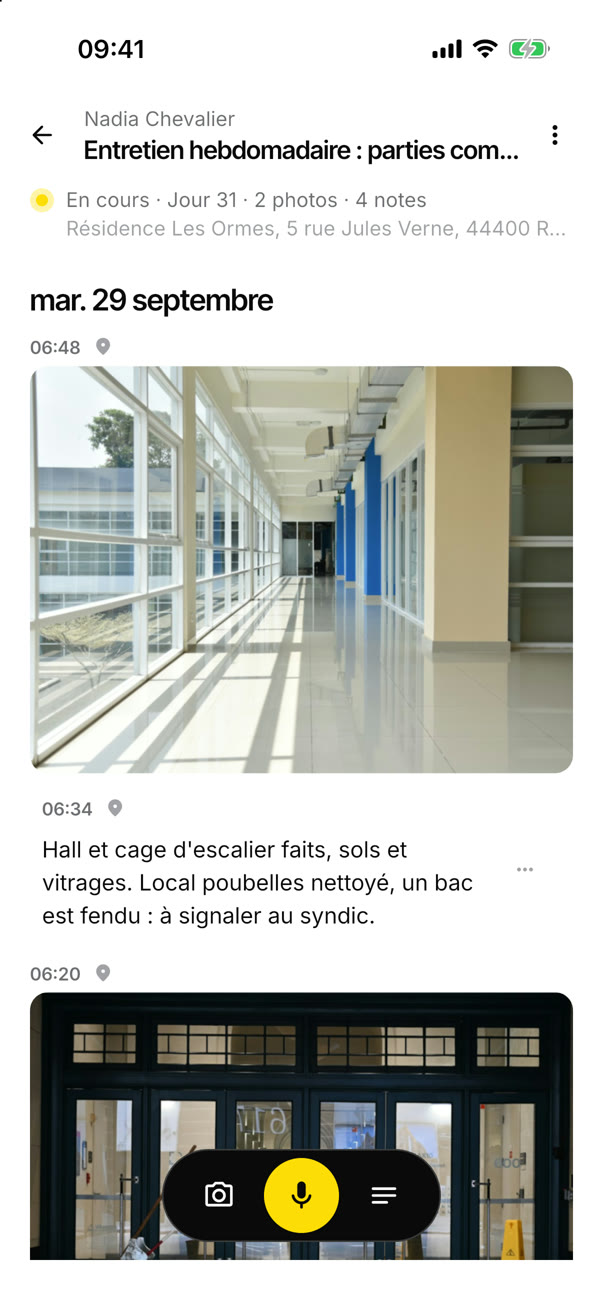 Entretien de locaux : le hall fait à 6 h 20, photo et note datées